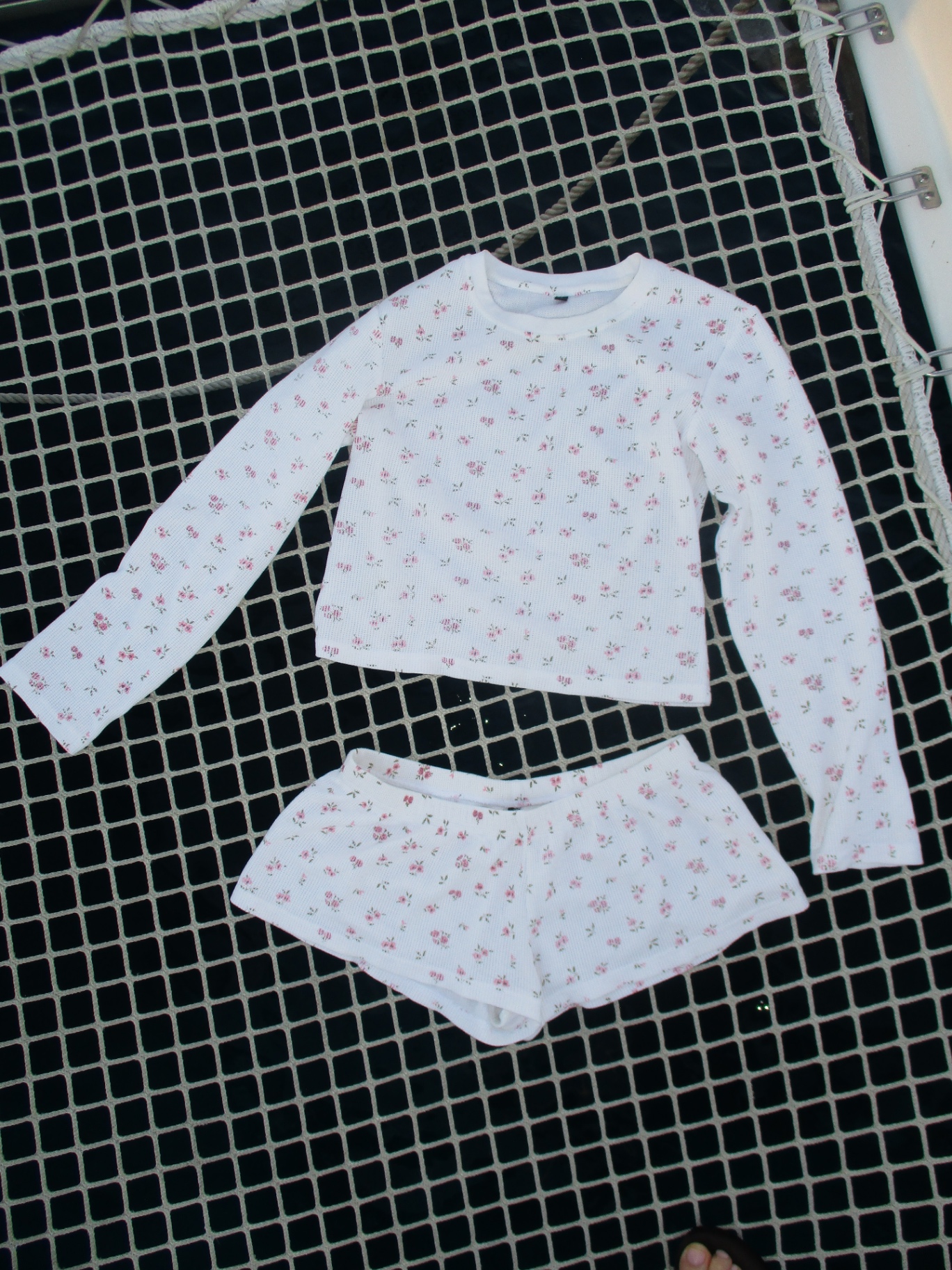pink ditsy floral waffle knit long sleeve top and shorts